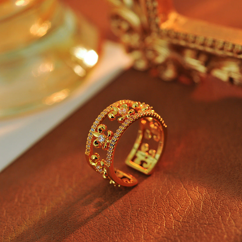 Wide Band Hollow-Out Ring, Adjustable Open European Palace Style INS Fashion Jewelry for Women