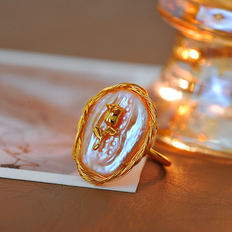 Baroque Simulated Pearl Rose Ring, Fashionable Designer Jewelry for Women