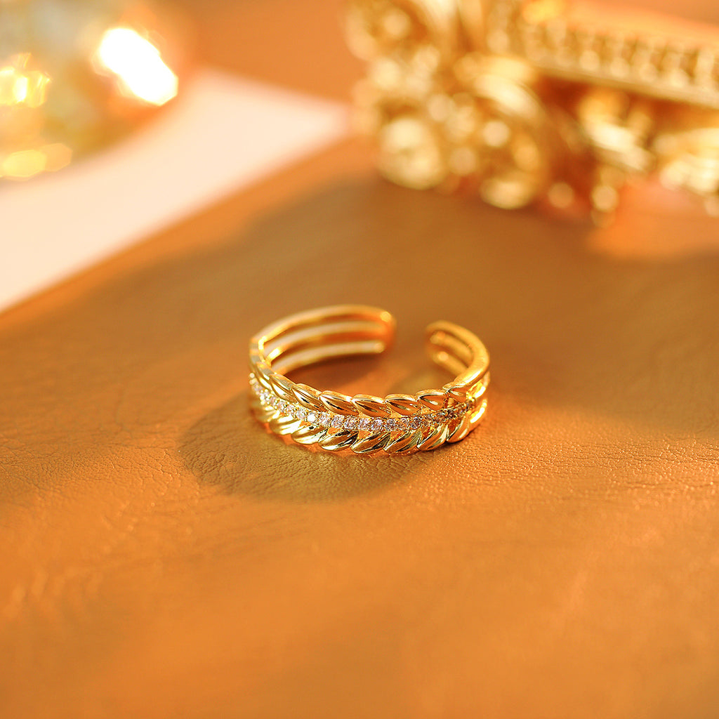 Luxury Hollow-Out Wheat Zircon Open Ring, Niche French-Inspired Design for Women
