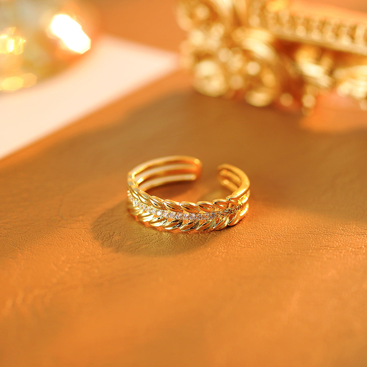 Luxury Hollow-Out Wheat Zircon Open Ring, Niche French-Inspired Design for Women