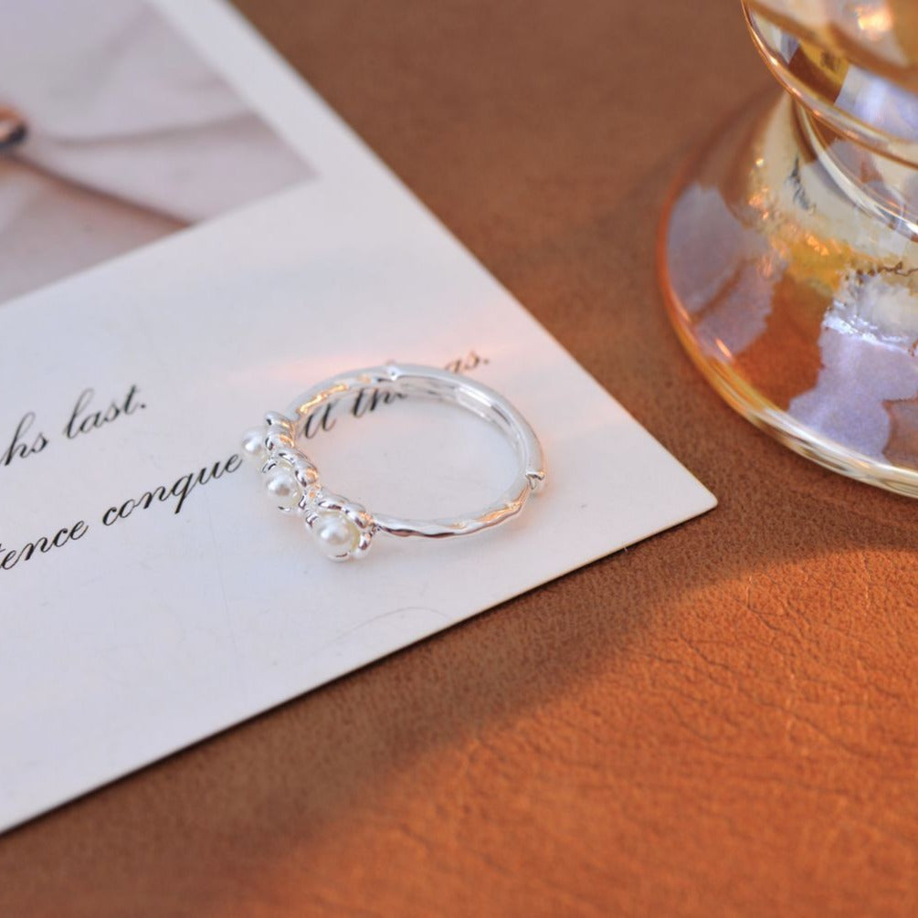 Minimalist S925 Sterling Silver Flower Ring with Mini Simulated Pearl, Small Aesthetic Open Adjustable Ring