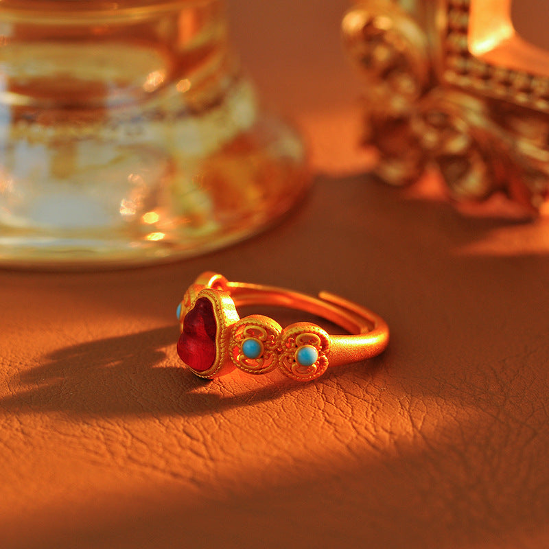 Grape Ice Purple Gourd Ring, Filigree Hollow-Out with Simulated Hetian Jade, New Chinese Style Gold-Tone Ring