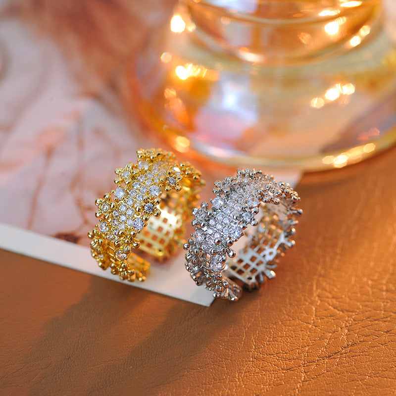 Minimalist Floral Hollow-Out Zircon Ring, Niche Index Finger Design with Luxury Aesthetic