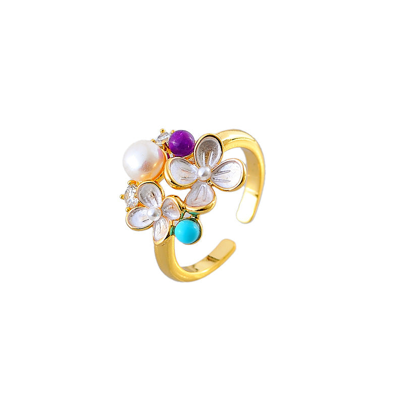 Fashion Spray-Painted White Flower Ring, Light Luxury Vintage Adjustable Band with Simulated Pearl