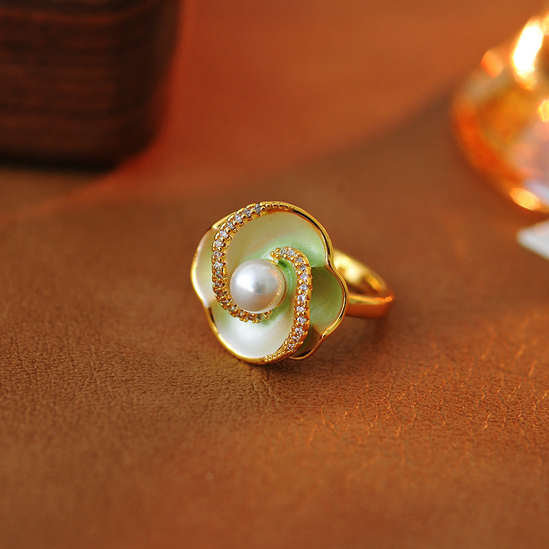 Camellia pearl ring women's light luxury high-end sense enamel drip glaze open ring fresh green exquisite elegance adjustable