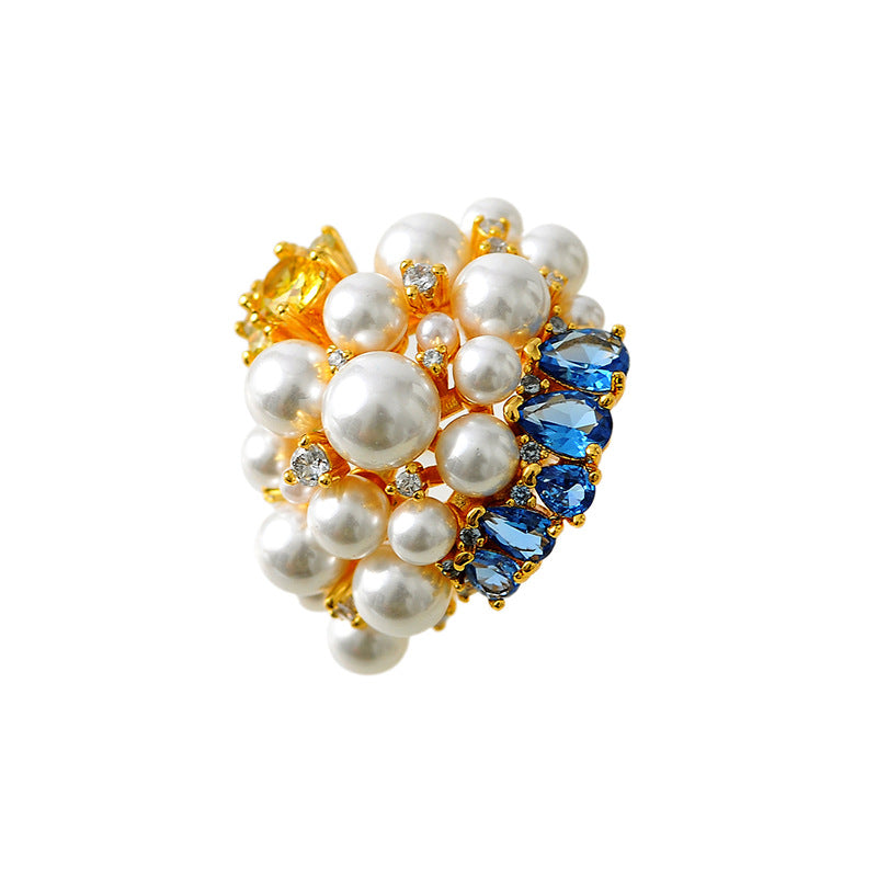 Shining stars full of diamonds pearl ring blue water drop design luxury fashion ring yellow zircon noble ring