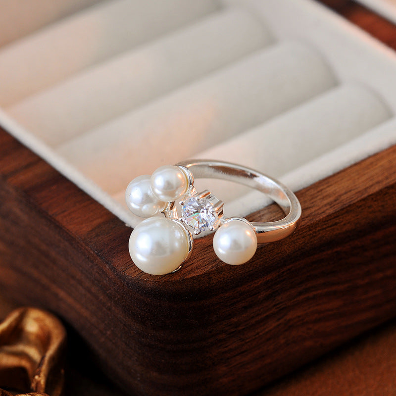 New fashion ins personalized design pearl ring inlaid with exquisite zir*****pen ring light luxury high-end ring