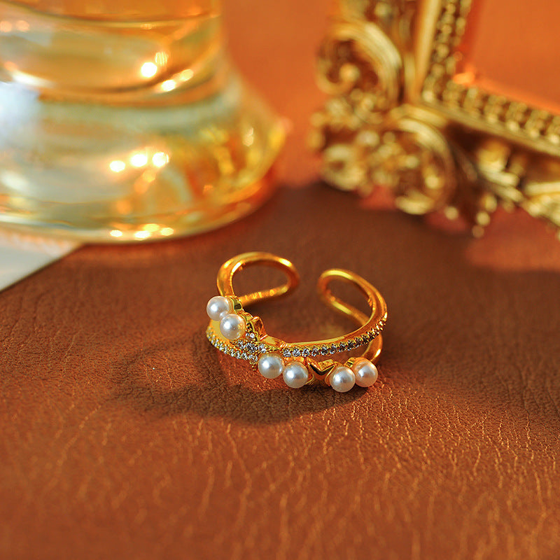 Double Star Simulated Pearl Open Ring,  Adjustable Index Finger Ring for Women