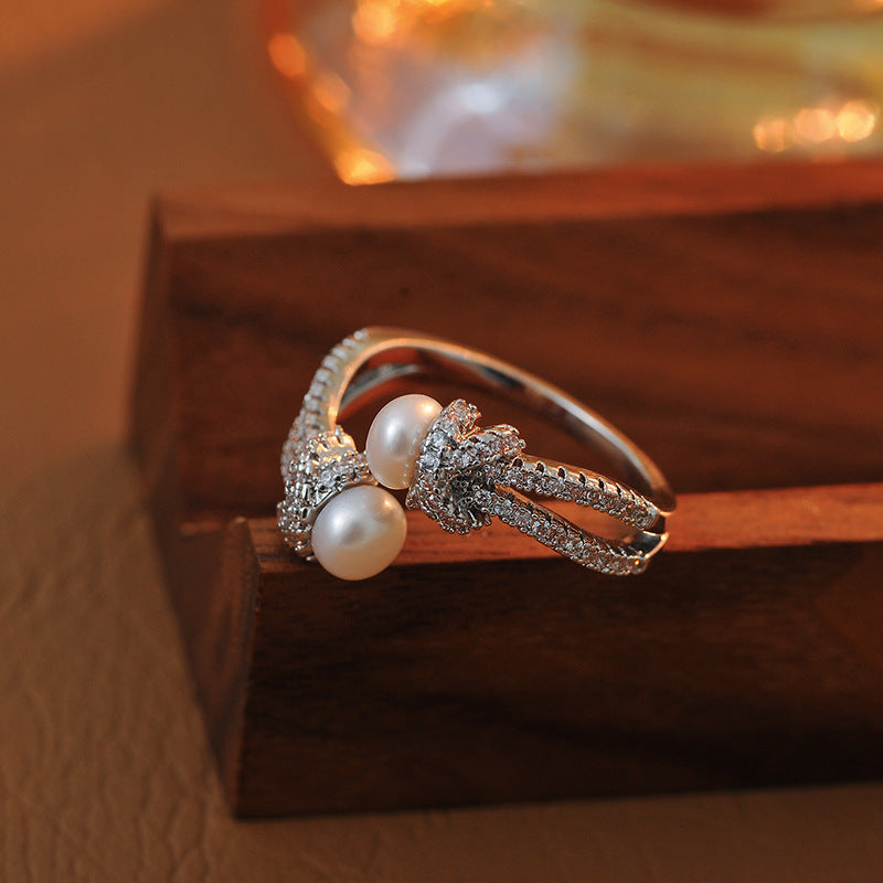 Chanel-style Knot Simulated Pearl Ring, 2024 New Micro-Pave Zirconia Index Finger Open Ring