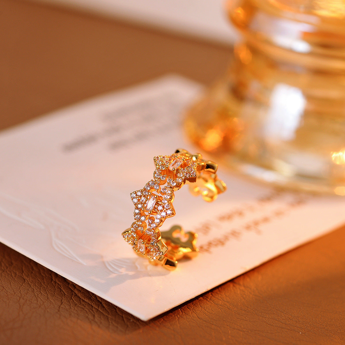 European Hollow-Out Flower Zircon Ring, Adjustable Niche Luxury Versatile Band