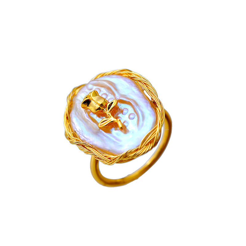 Baroque Simulated Pearl Rose Ring, Fashionable Designer Jewelry for Women