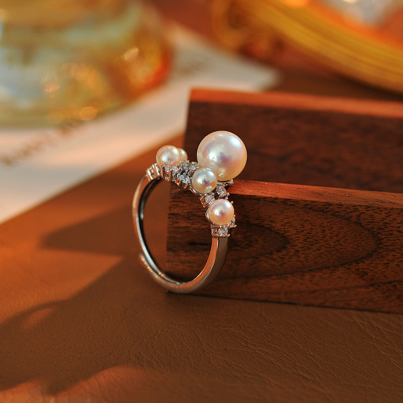 Luxury Micro-Pave French Simulated Pearl Pinky Ring, New Niche Design Tail Ring for Women