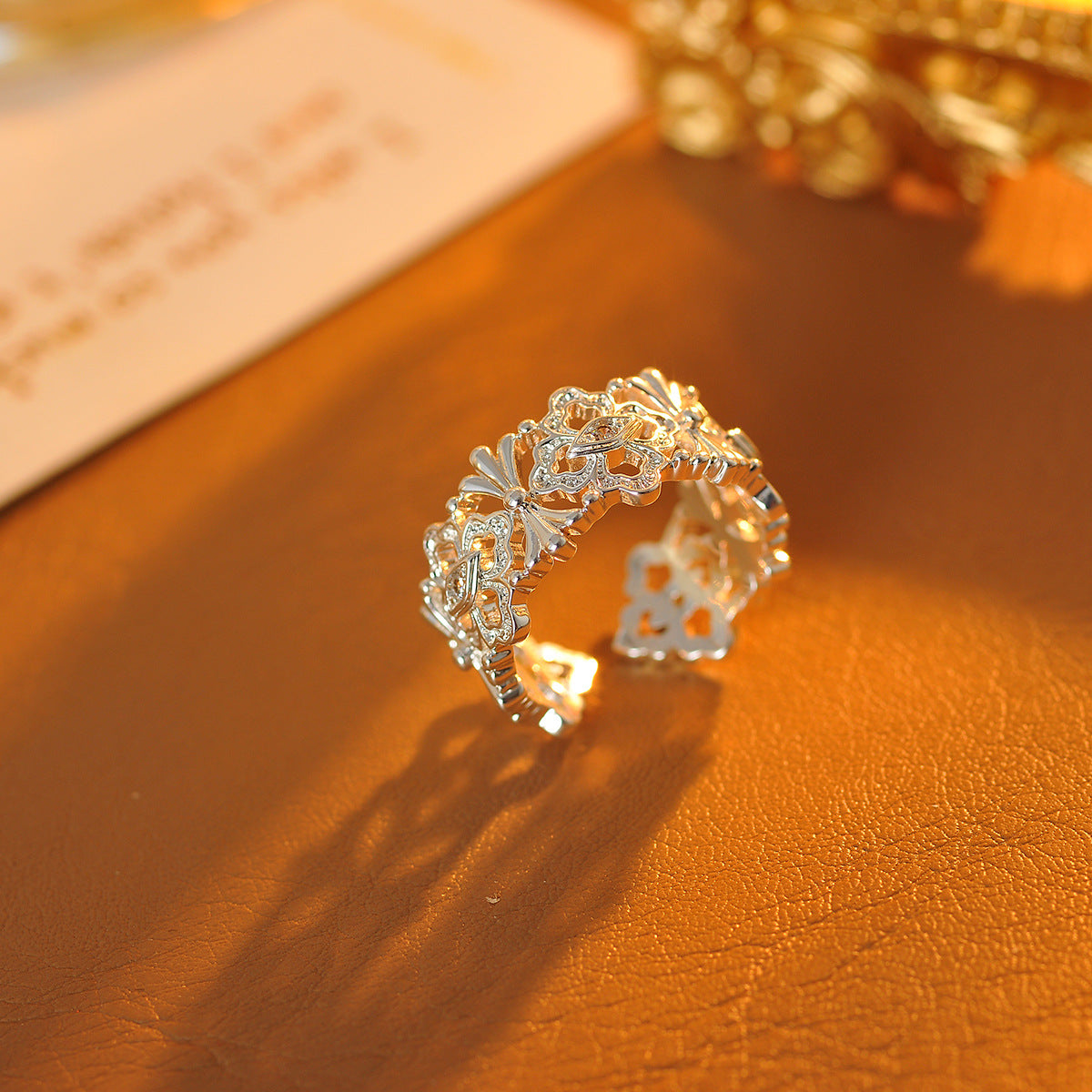 Hollow-Out Floral Open Ring, Adjustable Vintage Band with Luxury Niche Design