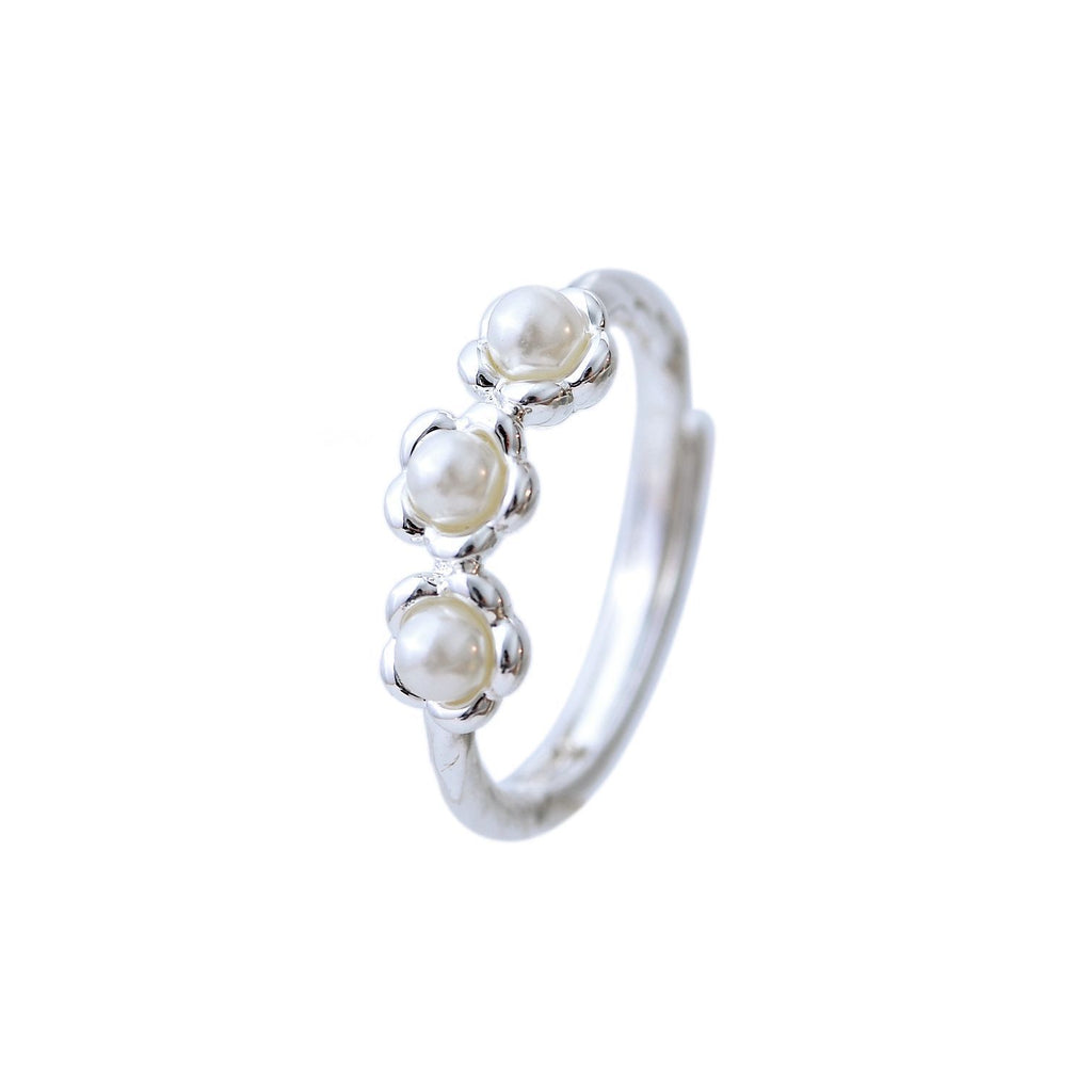 Minimalist S925 Sterling Silver Flower Ring with Mini Simulated Pearl, Small Aesthetic Open Adjustable Ring