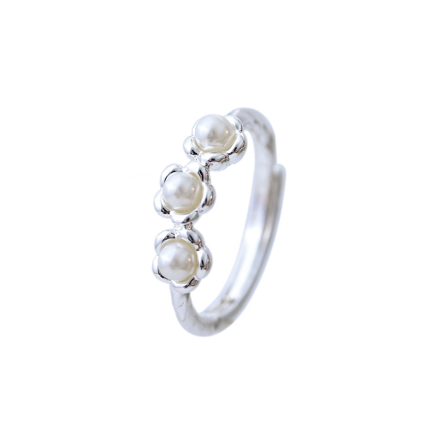 Minimalist S925 Sterling Silver Flower Ring with Mini Simulated Pearl, Small Aesthetic Open Adjustable Ring