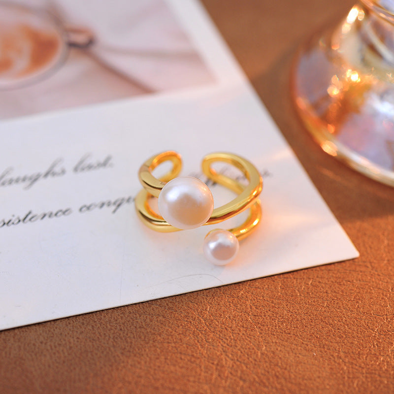 New European and American gold-plated exaggerated wide version index finger ring, high-end natural pearl ring, versatile hand jewelry A10322