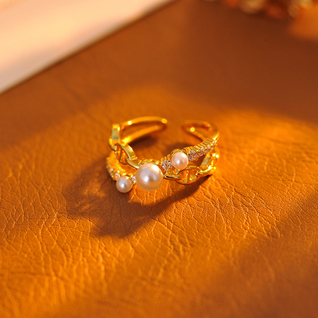 Chanel-style Simulated Pearl & Zircon Open Ring, Small Luxury Exquisite Index Finger Ring