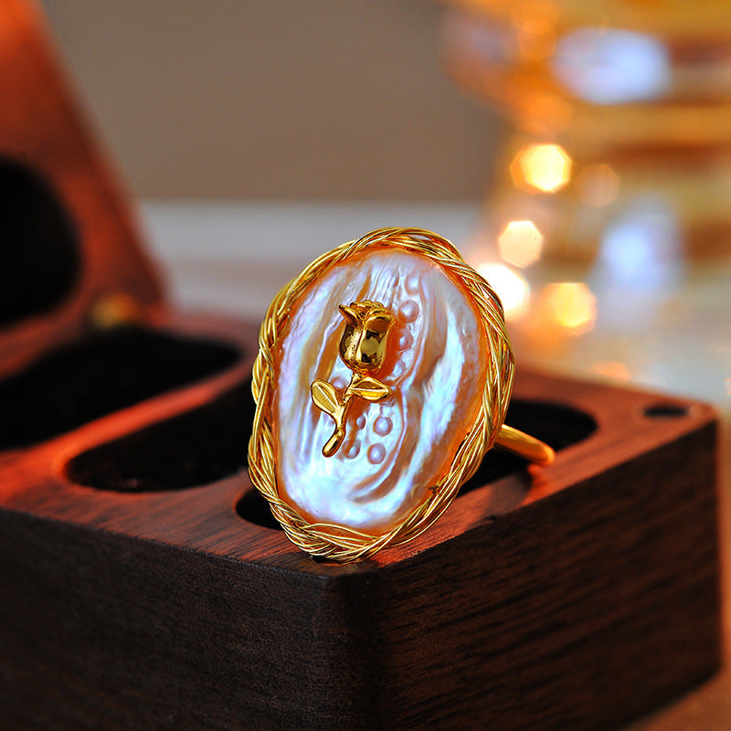 Baroque Simulated Pearl Rose Ring, Fashionable Designer Jewelry for Women