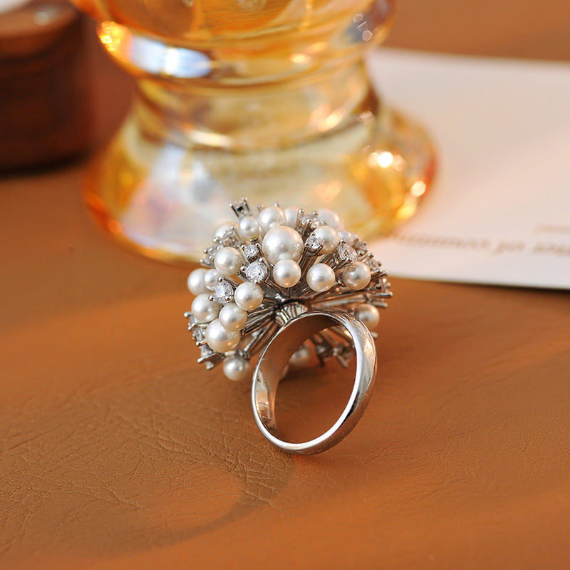 Bohemian Star Fireworks Simulated Pearl Zircon Ring, Personalized European & American Style Statement Ring Gift