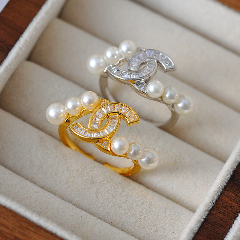 European and American fashion ins niche design pearl diamond ring women's fashion small fragrant zircon index finger ring