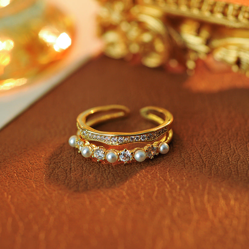 Dual Design Zircon & Simulated Pearl Open Ring, Niche Fashion Light Luxury Index Finger Ring