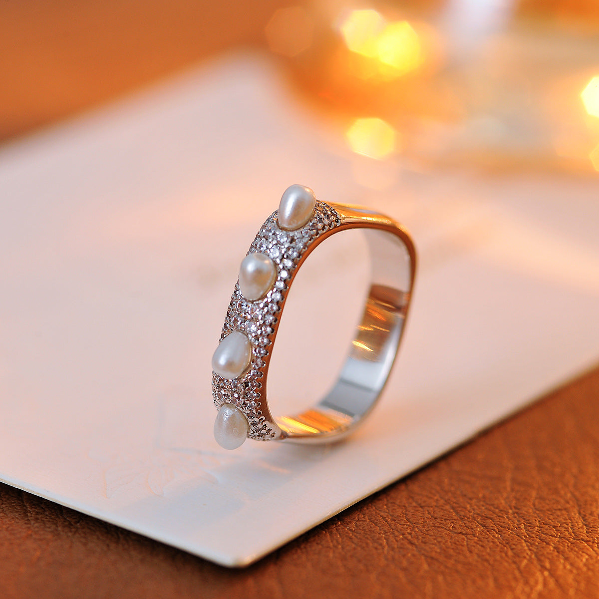 Japanese light luxury new square freshwater pearl ring niche design personality beautiful ring