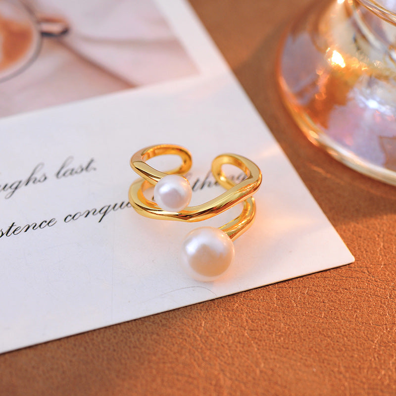 New European and American gold-plated exaggerated wide version index finger ring, high-end natural pearl ring, versatile hand jewelry A10322