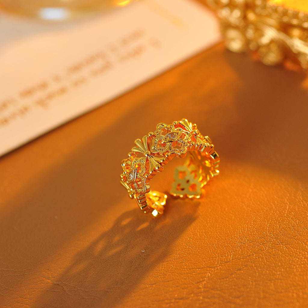 Hollow-Out Floral Open Ring, Adjustable Vintage Band with Luxury Niche Design