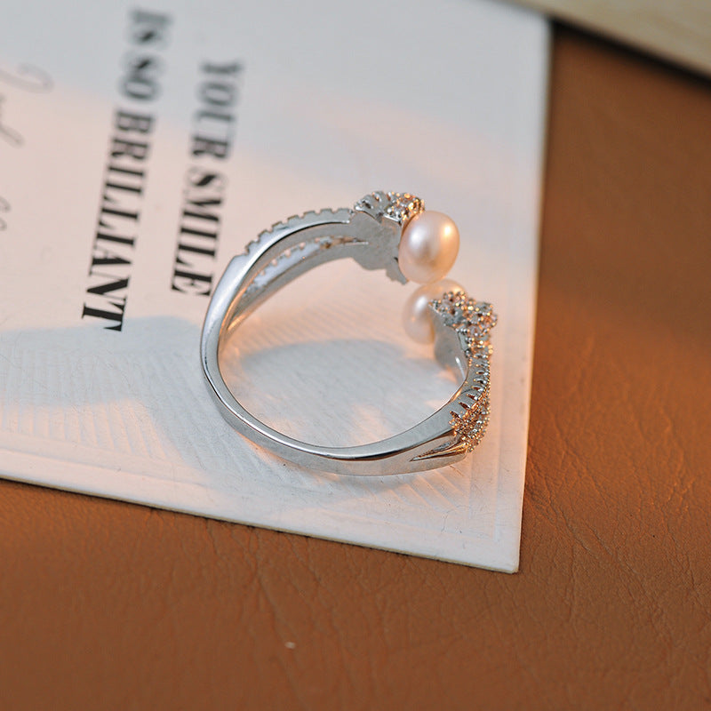 Chanel-style Knot Simulated Pearl Ring, 2024 New Micro-Pave Zirconia Index Finger Open Ring