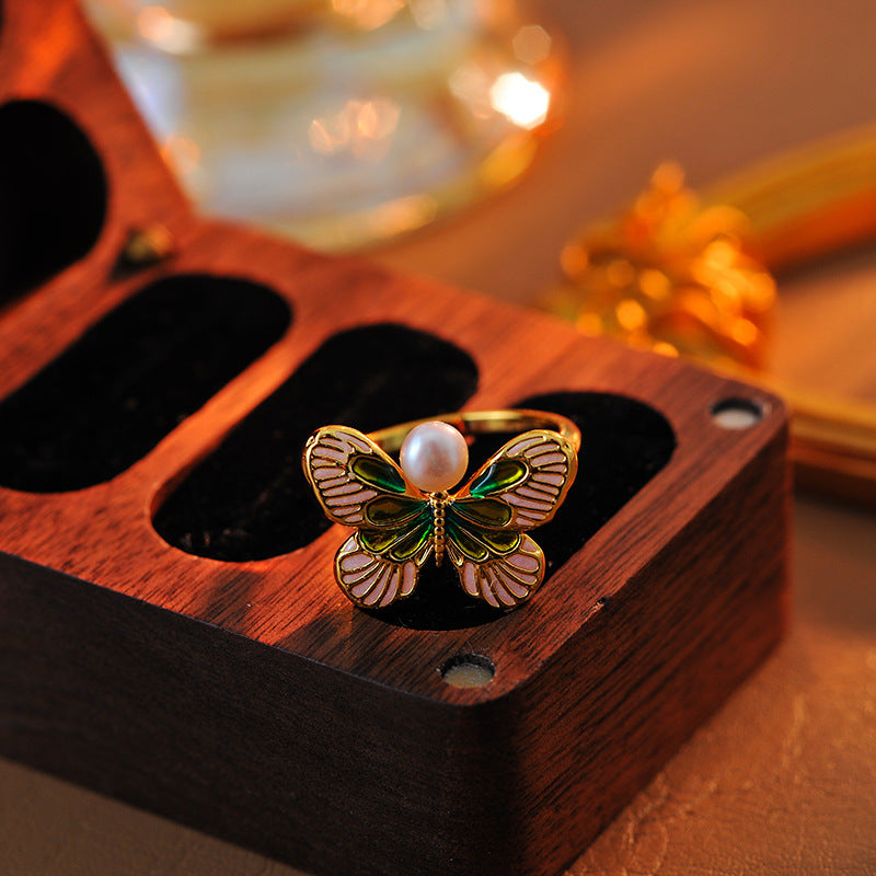 Falang color super fairy niche design Mori butterfly exquisite baroque pearl ring simple A10249