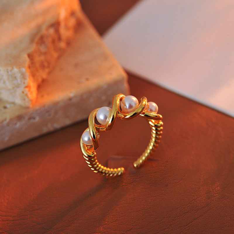 Korean Style Twist Multi-Bead Simulated Pearl Ring, Versatile Stacking Ring for Index Finger