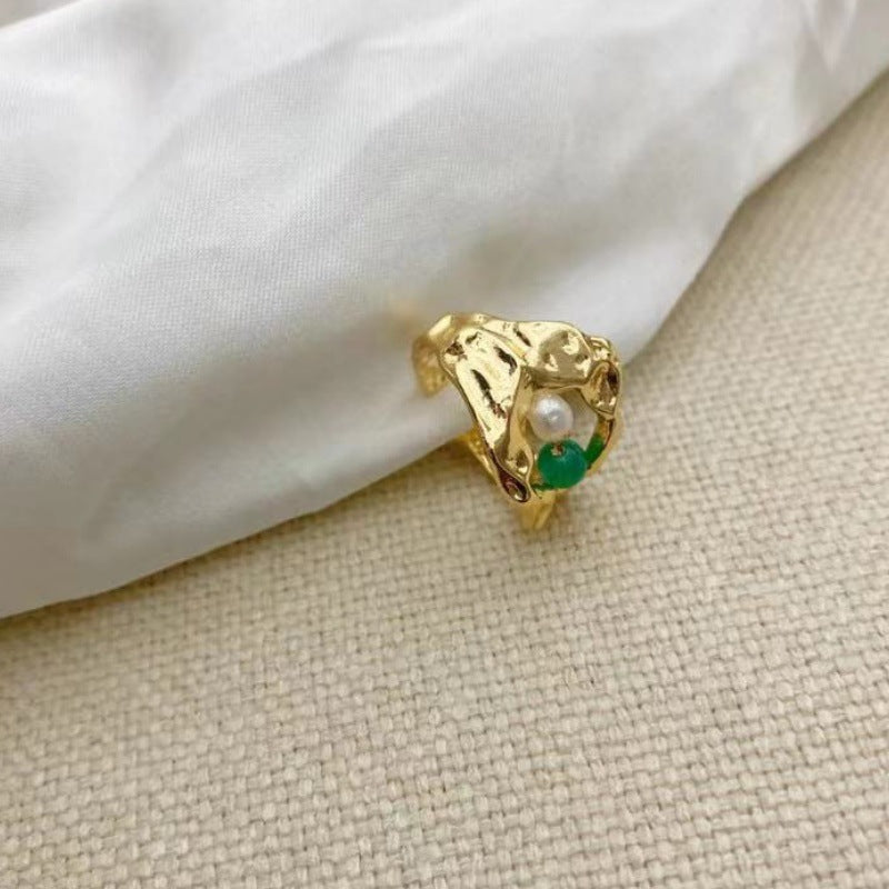Copper alloy French retro irregular opening ring natural pearl fashion niche high-end real gold ring women