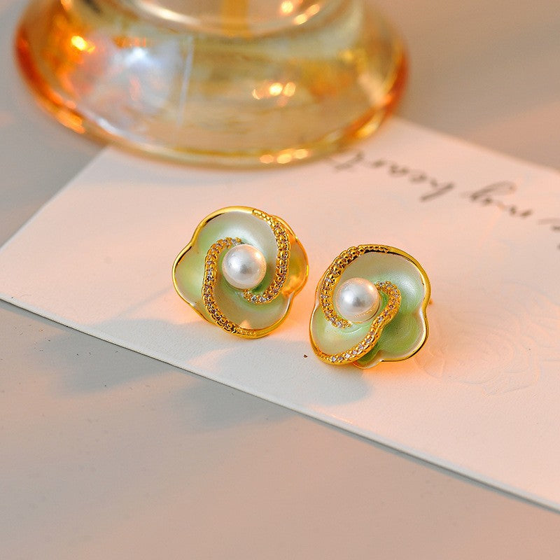 Camellia pearl ring women's light luxury high-end sense enamel drip glaze open ring fresh green exquisite elegance adjustable