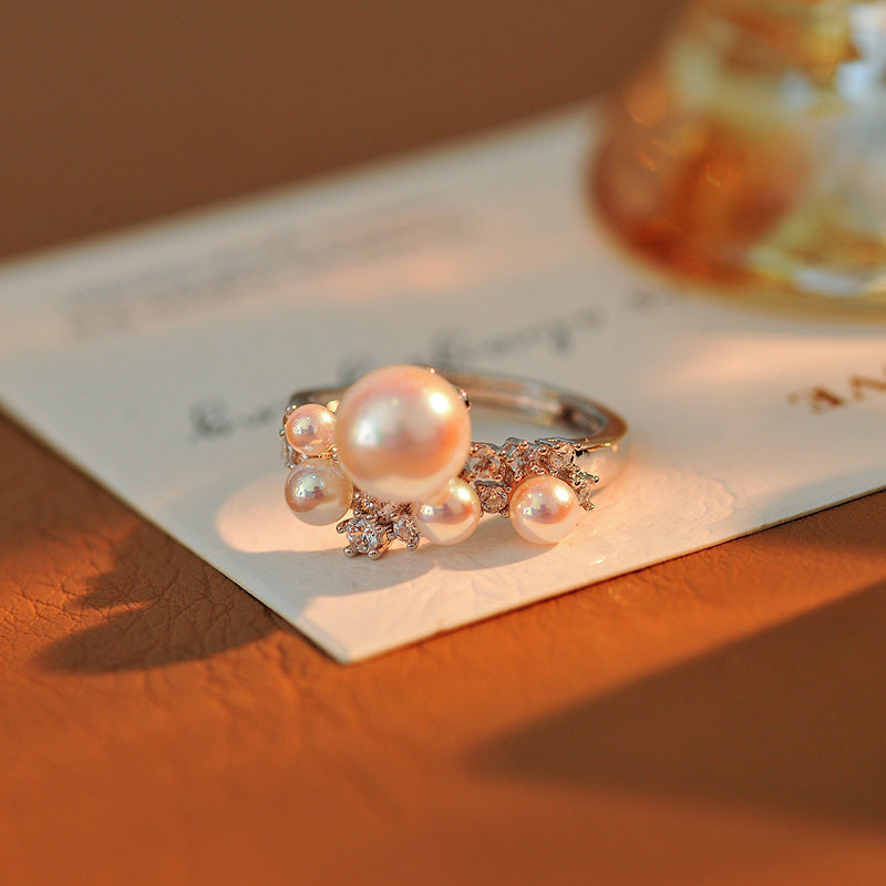 Luxury Micro-Pave French Simulated Pearl Pinky Ring, New Niche Design Tail Ring for Women