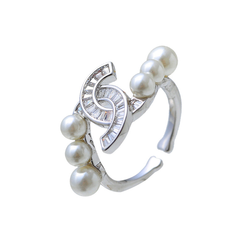 European and American fashion ins niche design pearl diamond ring women's fashion small fragrant zircon index finger ring