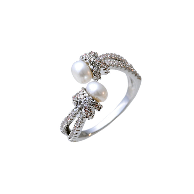 Chanel-style Knot Simulated Pearl Ring, 2024 New Micro-Pave Zirconia Index Finger Open Ring