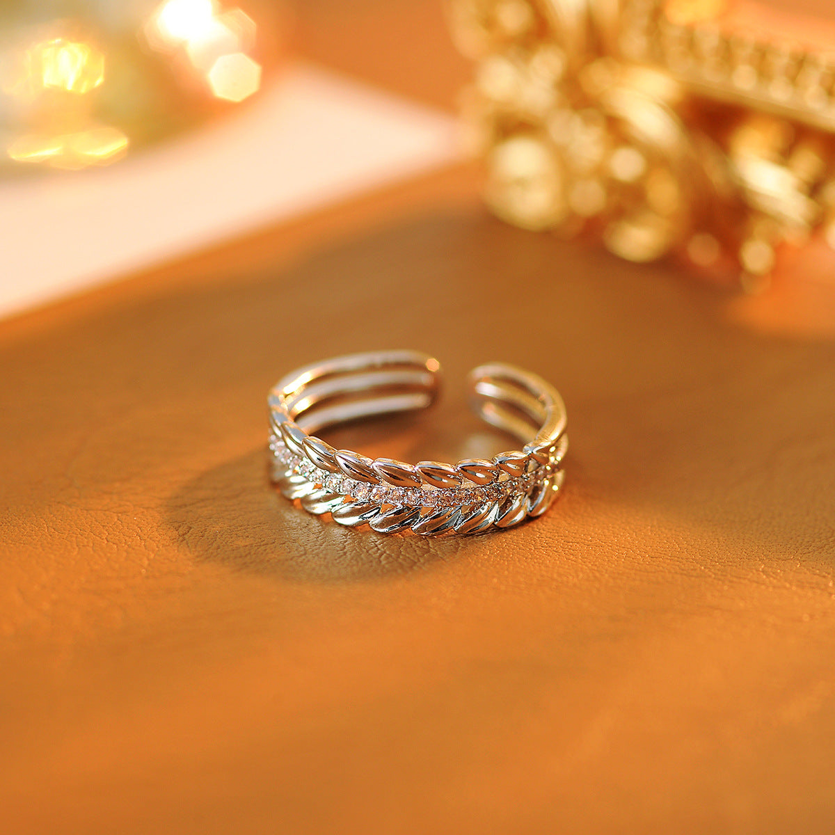 Luxury Hollow-Out Wheat Zircon Open Ring, Niche French-Inspired Design for Women