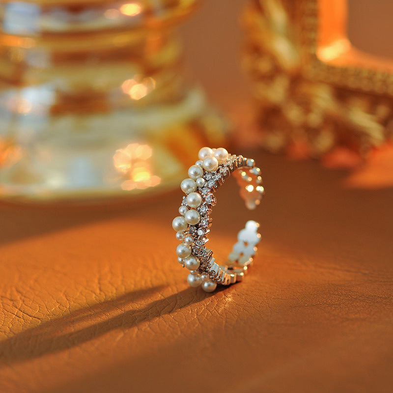 Gold Plated Round Simulated Pearl Zircon Open Ring, Light Luxury Index Finger Jewelry for Fashion Commute