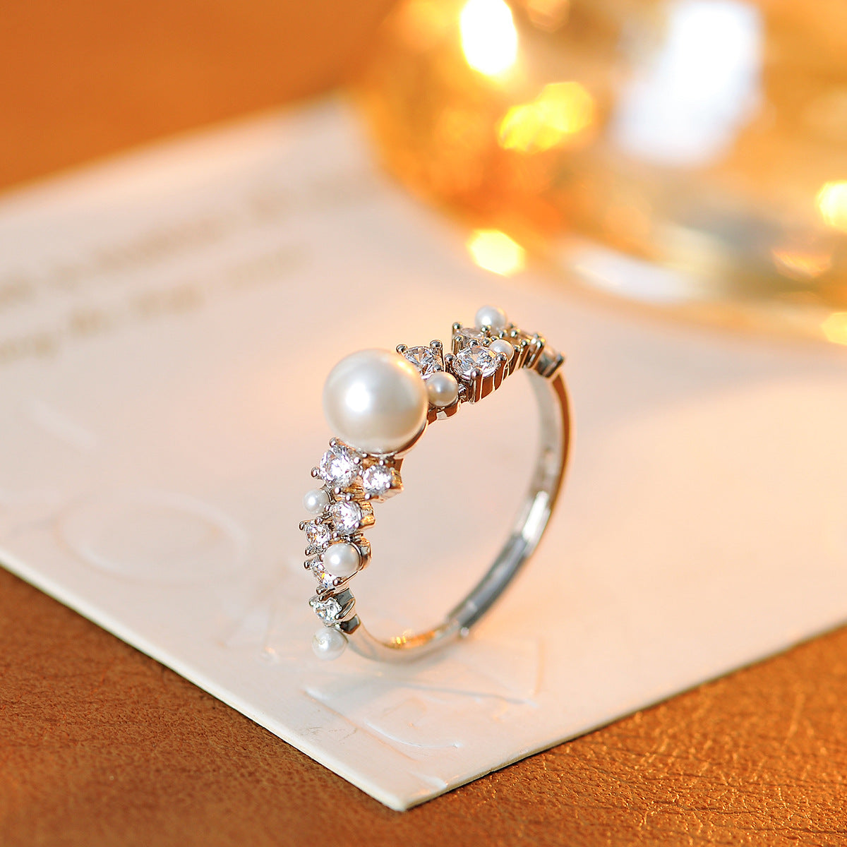 European and American light luxury full zirconium pearl ring niche high-end cold wind adjustable personality temperament ring