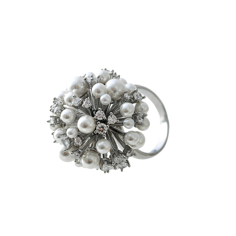 Bohemian Star Fireworks Simulated Pearl Zircon Ring, Personalized European & American Style Statement Ring Gift