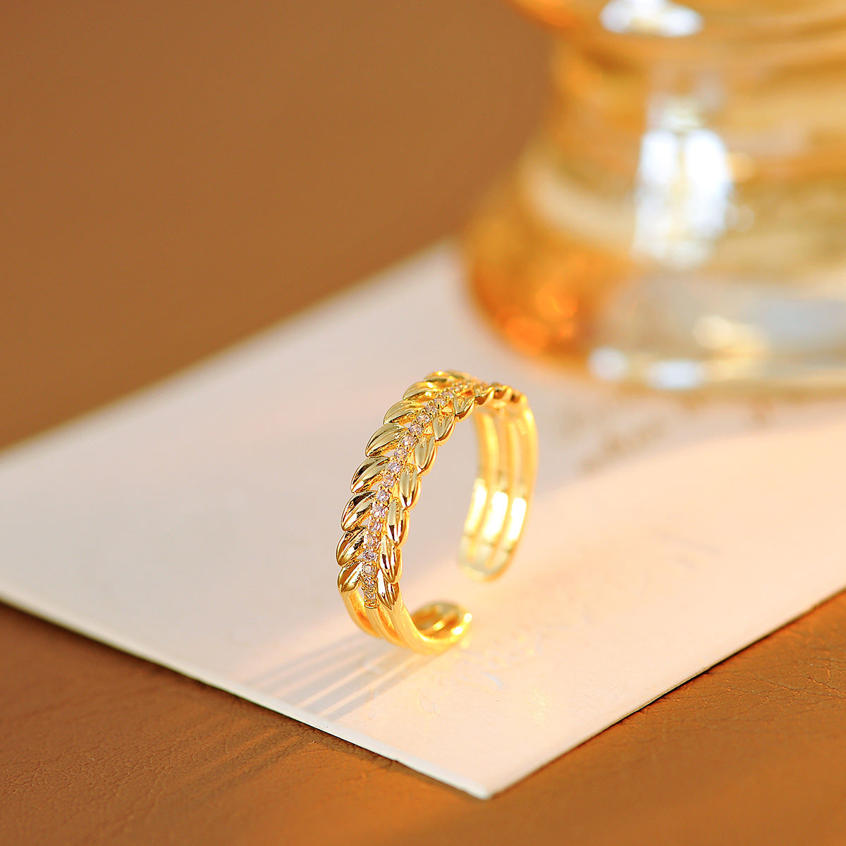 Luxury Hollow-Out Wheat Zircon Open Ring, Niche French-Inspired Design for Women