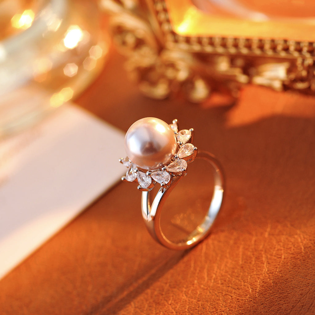 Light purple gray imitation pearl sunflower open ring fashion micro zircon adjustable ring female