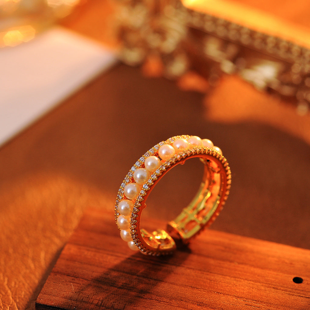 French Romantic Interlocking Simulated Pearl Zircon Ring, Adjustable Niche High-End Finger Jewelry