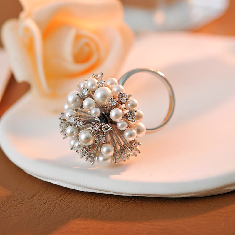 Bohemian Star Fireworks Simulated Pearl Zircon Ring, Personalized European & American Style Statement Ring Gift