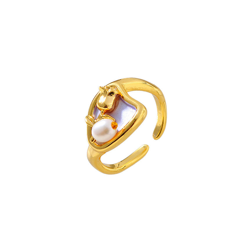 Style Blue Geometric Open Ring, Baroque Simulated Pearl Gold-Plated Art Jewelry