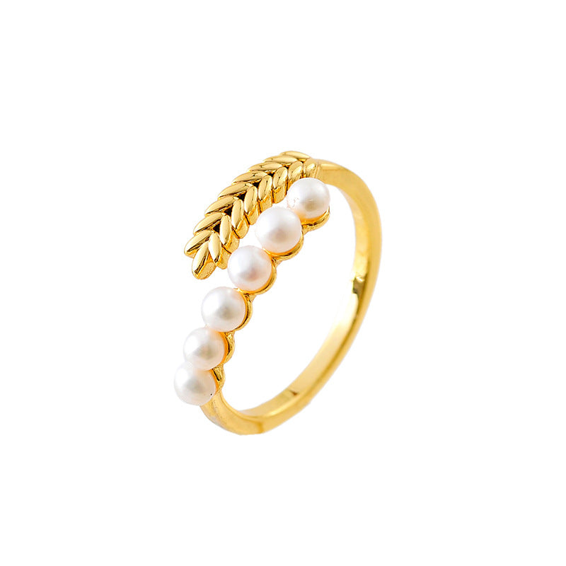 Wheat Ears Simulated Pearl Open Ring, Light Luxury Niche Design Cold Aesthetic Index Finger Ring