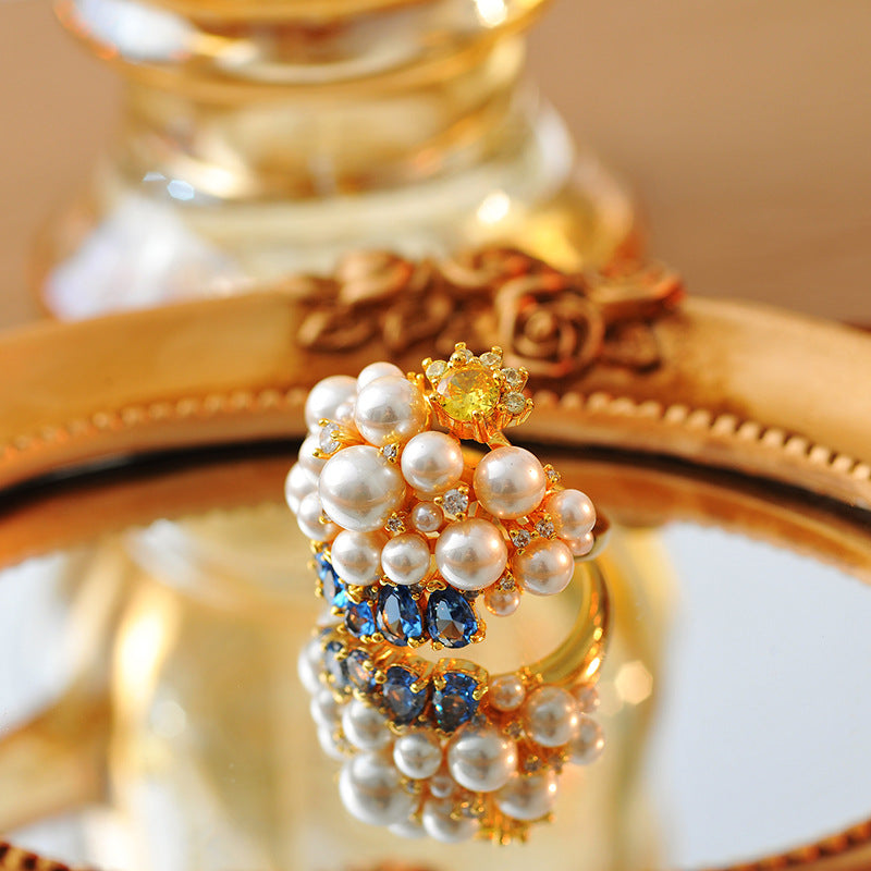 Shining stars full of diamonds pearl ring blue water drop design luxury fashion ring yellow zircon noble ring