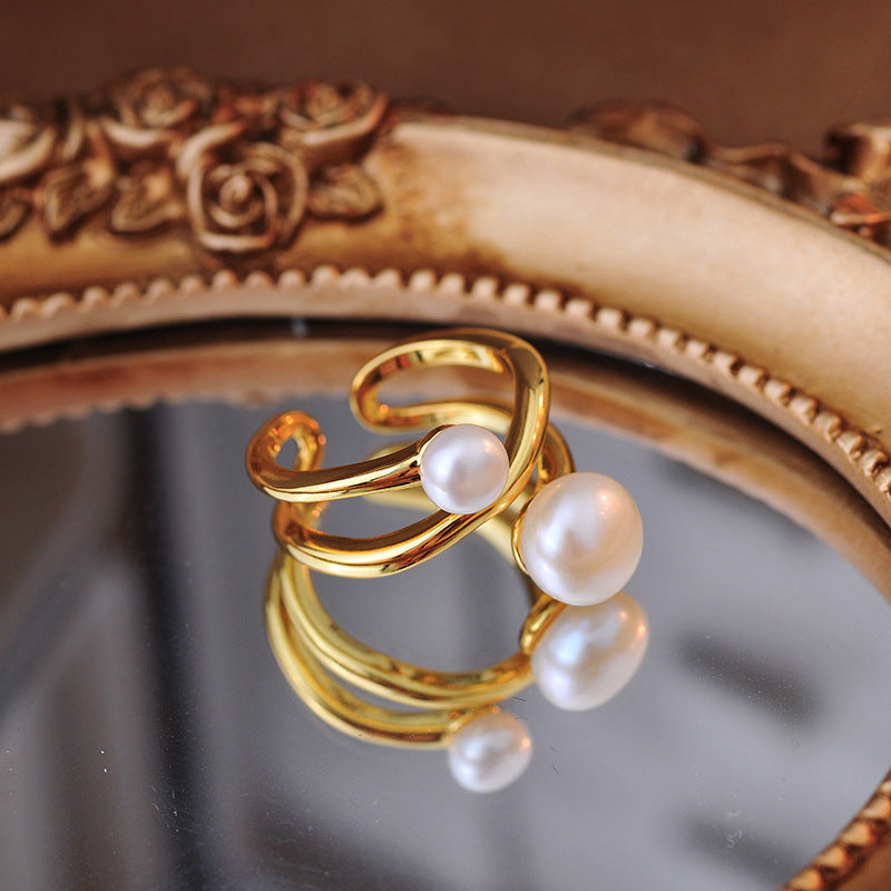 New European and American gold-plated exaggerated wide version index finger ring, high-end natural pearl ring, versatile hand jewelry A10322