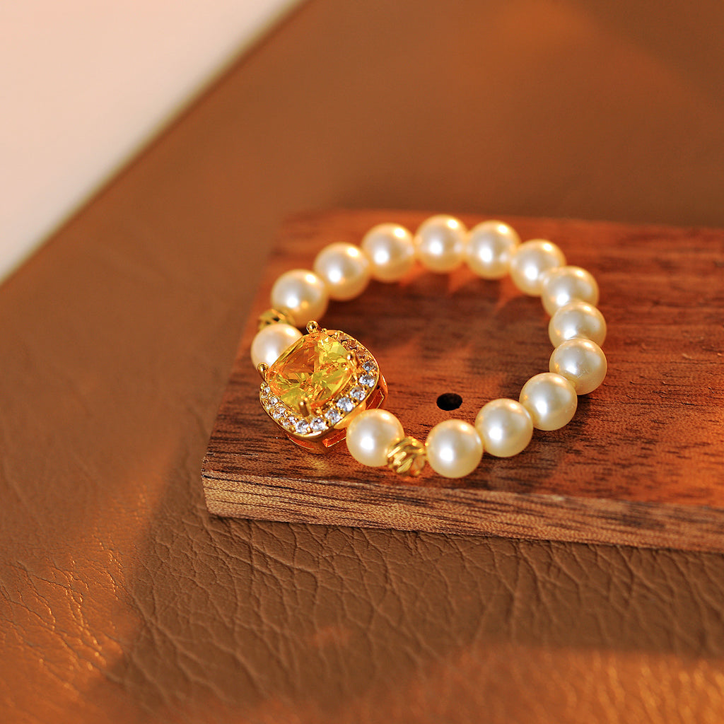 Sugar Cube Simulated Pearl Ring, Niche Geometric Elastic Band, Versatile Light Luxury Jewelry