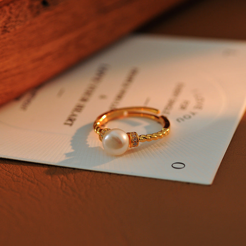 Luxury Micro-Pave French Simulated Pearl Ring, 2025 New Popular Tail Ring for Pinky Finger